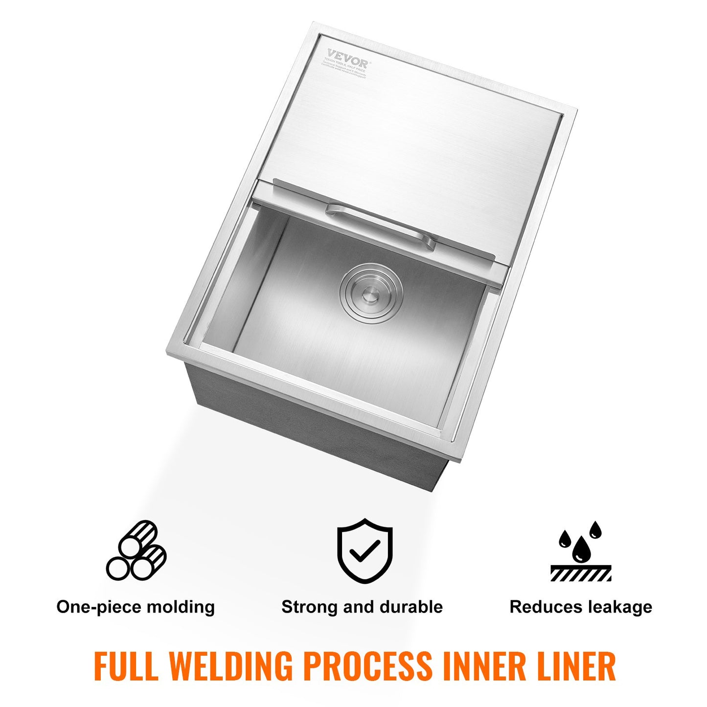 Einbau-Eisbox, 61 cm L x 46 cm B x 33 cm H, Edelstahl-Eiskühler, gewerblicher Eisbehälter mit Schiebedeckel, 38,7 l Eisbar für die Außenküche, inklusive Abflussrohr und Abflussstopfen, für gekühlten Wein und Bier