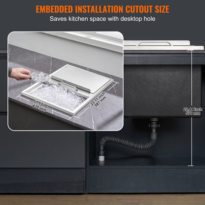 Einbau-Eisbox, 61 cm L x 46 cm B x 33 cm H, Edelstahl-Eiskühler, gewerblicher Eisbehälter mit Schiebedeckel, 38,7 l Eisbar für die Außenküche, inklusive Abflussrohr und Abflussstopfen, für gekühlten Wein und Bier