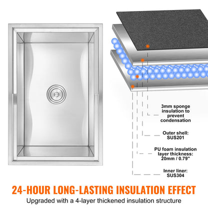 Einbau-Kühlbox, 68,6 cm L x 45,7 cm B x 53,3 cm H, Edelstahl-Eisbox, gewerblicher Eisbehälter mit Schiebedeckel, 38,9 l Fassungsvermögen, Eisbar für die Außenküche, inklusive Abflussrohr und Abflussstopfen, für gekühlten Wein und Bier