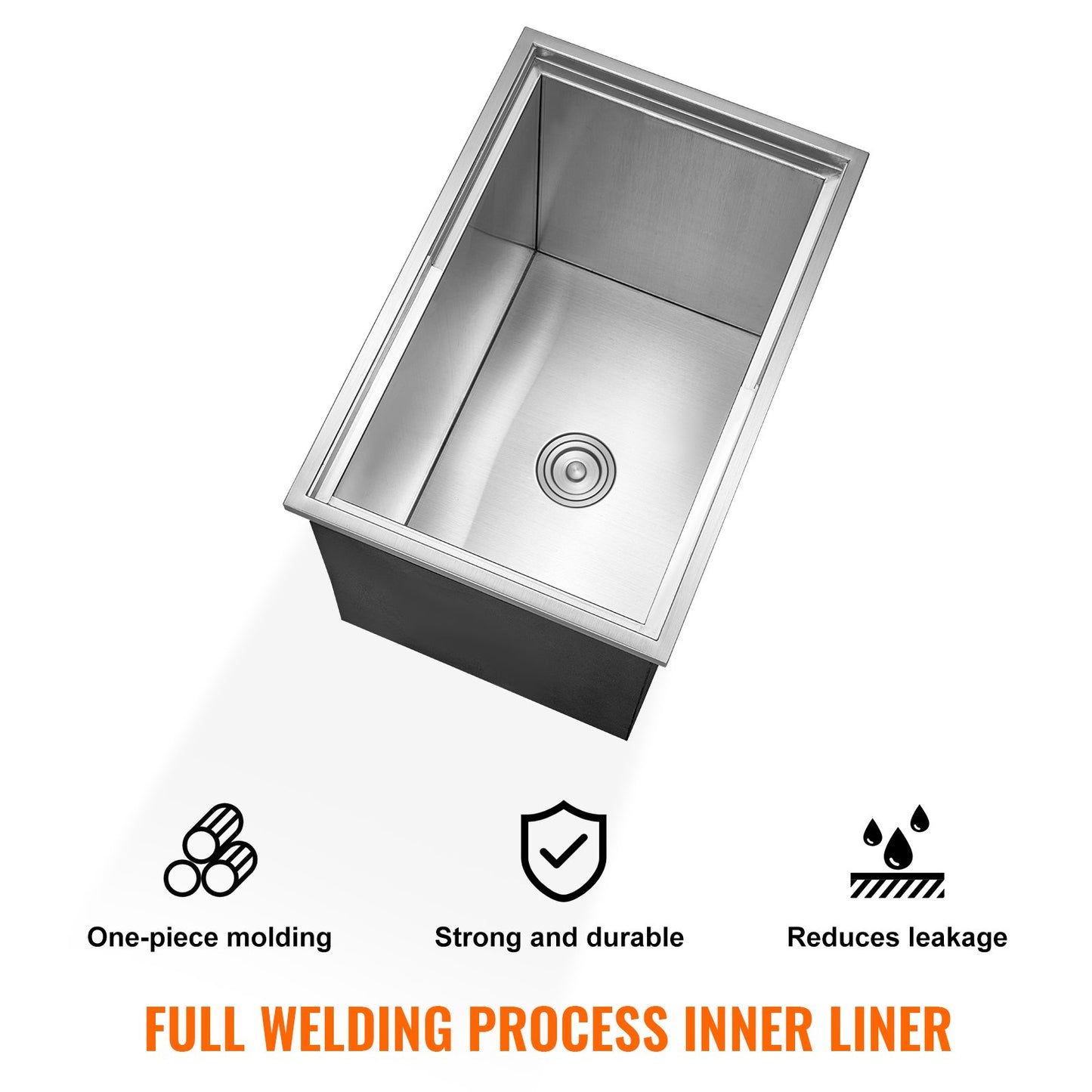 Einbau-Kühlbox, 68,6 cm L x 45,7 cm B x 53,3 cm H, Edelstahl-Eisbox, gewerblicher Eisbehälter mit Schiebedeckel, 38,9 l Fassungsvermögen, Eisbar für die Außenküche, inklusive Abflussrohr und Abflussstopfen, für gekühlten Wein und Bier