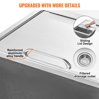 Einbau-Kühlbox, 68,6 cm L x 45,7 cm B x 53,3 cm H, Edelstahl-Eisbox, gewerblicher Eisbehälter mit Schiebedeckel, 38,9 l Fassungsvermögen, Eisbar für die Außenküche, inklusive Abflussrohr und Abflussstopfen, für gekühlten Wein und Bier