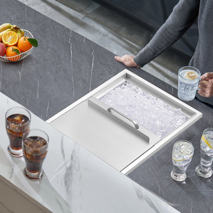 Einbau-Kühlbox, 68,6 cm L x 45,7 cm B x 53,3 cm H, Edelstahl-Eisbox, gewerblicher Eisbehälter mit Schiebedeckel, 38,9 l Fassungsvermögen, Eisbar für die Außenküche, inklusive Abflussrohr und Abflussstopfen, für gekühlten Wein und Bier