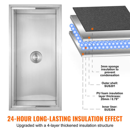 Einbau-Eisbox, 91,4 cm L x 45,7 cm B x 35,6 cm H, Edelstahl-Eiskühler, gewerblicher Eisbehälter mit Schiebedeckel, 38,9 l Fassungsvermögen, Eisbar für die Außenküche, inklusive Abflussrohr und Abflussstopfen, für gekühlten Wein und Bier
