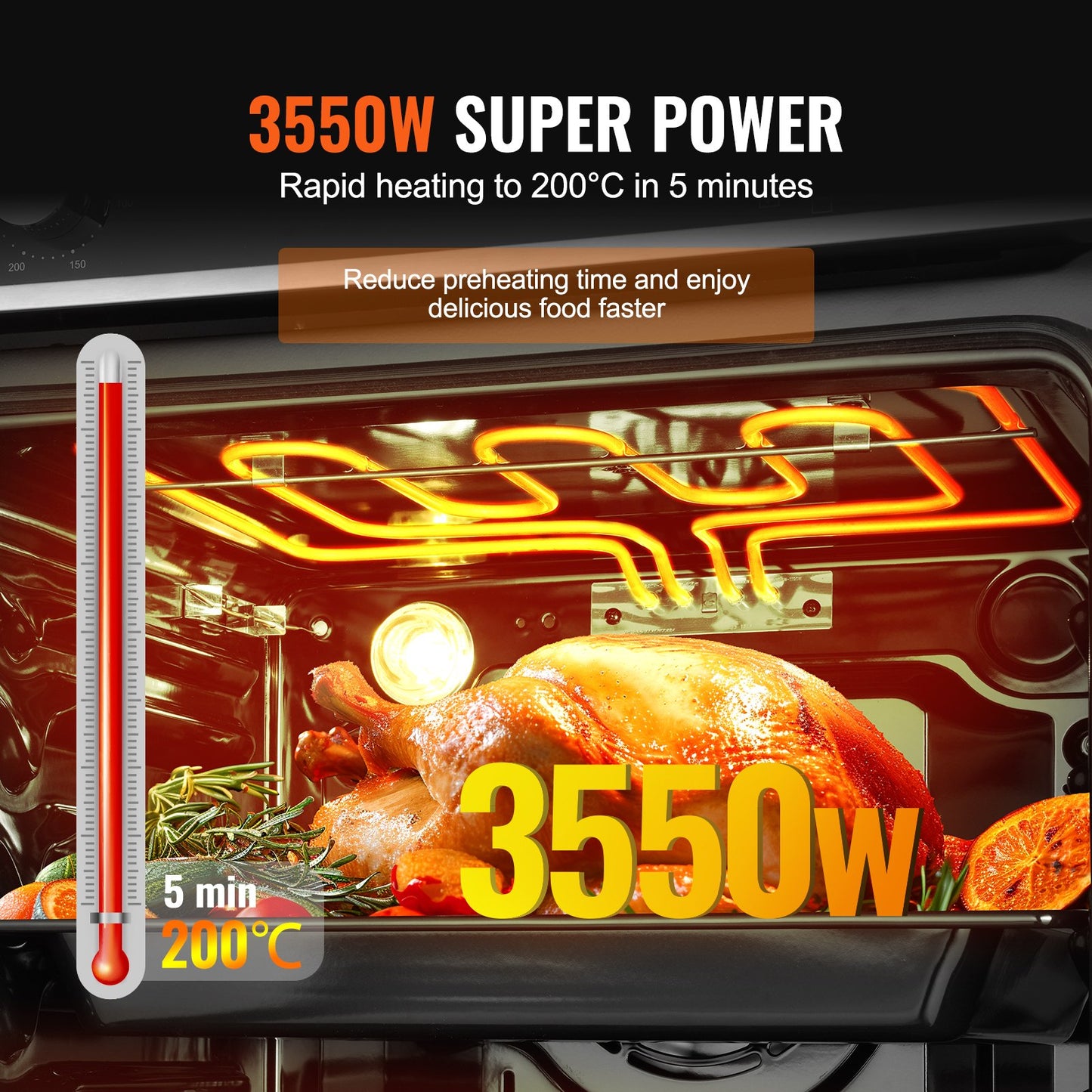 Einbau-Elektrobackofen, 61 cm (24 Zoll) breit, mit 9 Kochfunktionen, 75 Liter (2,68 Kubikfuß) Garraum, schnelles Aufheizen auf 200 °C in 5 Minuten, 3550 W Leistung, inklusive Backrost und Backblech, Küchenausstattung