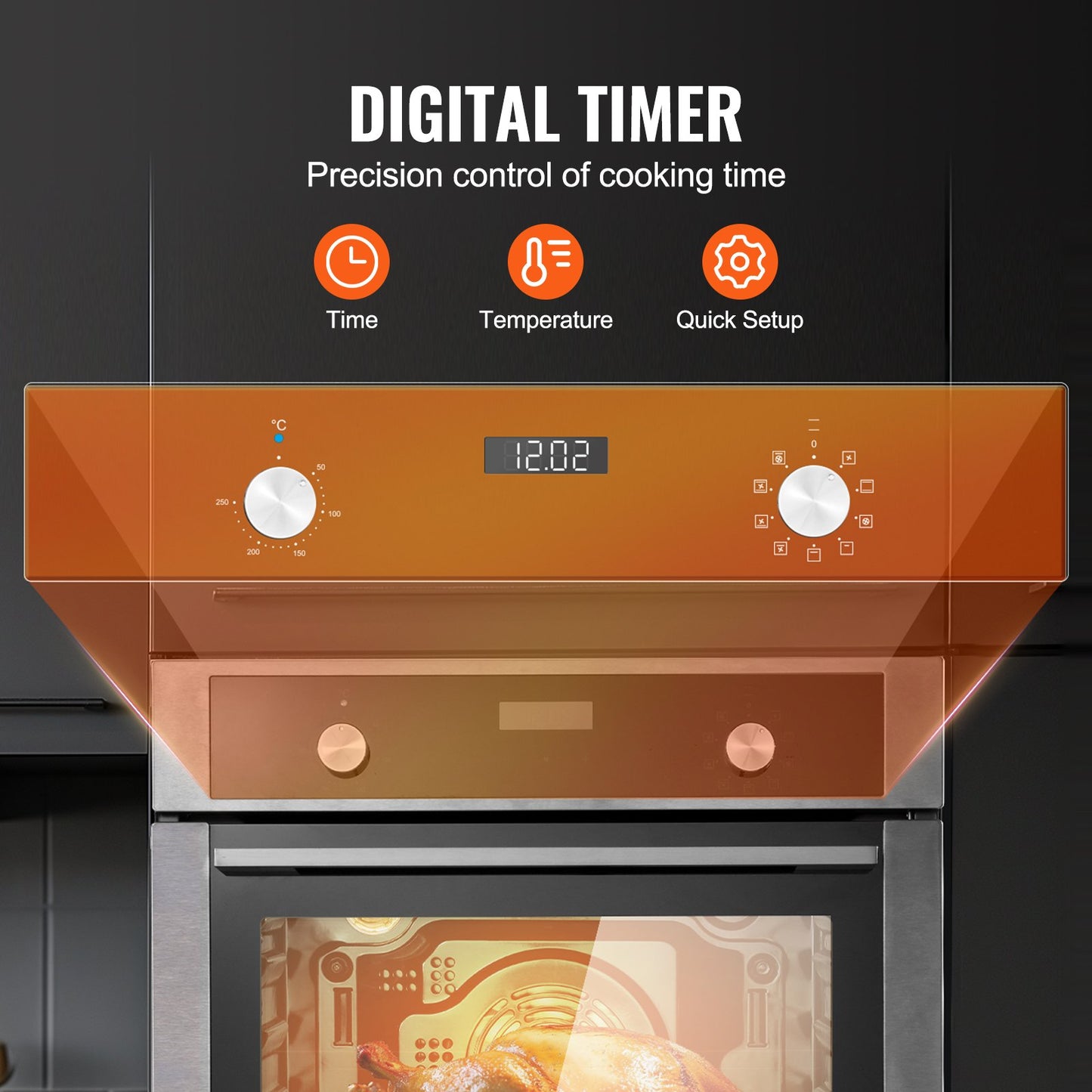 Einbau-Elektrobackofen, 61 cm (24 Zoll) breit, mit 9 Kochfunktionen, 75 Liter (2,68 Kubikfuß) Garraum, schnelles Aufheizen auf 200 °C in 5 Minuten, 3550 W Leistung, inklusive Backrost und Backblech, Küchenausstattung