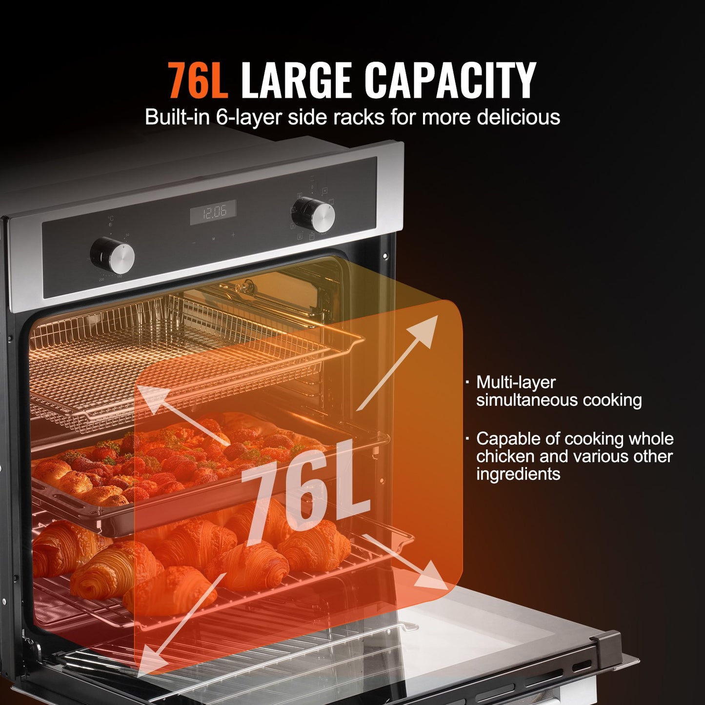 Einbau-Elektrobackofen, 61 cm (24 Zoll) breit, mit 9 Kochfunktionen, 75 Liter (2,68 Kubikfuß) Garraum, schnelles Aufheizen auf 200 °C in 5 Minuten, 3550 W Leistung, inklusive Backrost und Backblech, Küchenausstattung