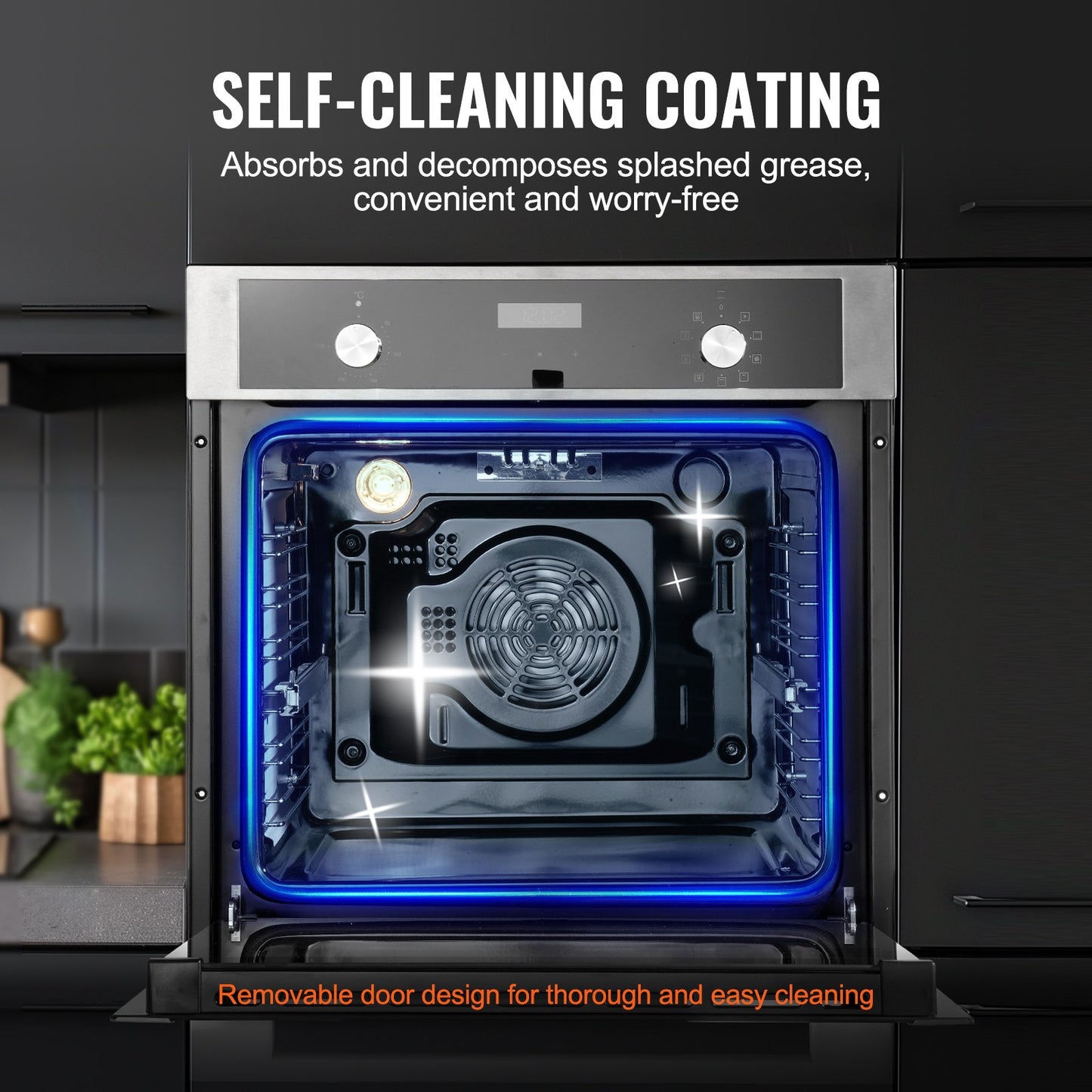 Einbau-Elektrobackofen, 61 cm (24 Zoll) breit, mit 9 Kochfunktionen, 75 Liter (2,68 Kubikfuß) Garraum, schnelles Aufheizen auf 200 °C in 5 Minuten, 3550 W Leistung, inklusive Backrost und Backblech, Küchenausstattung