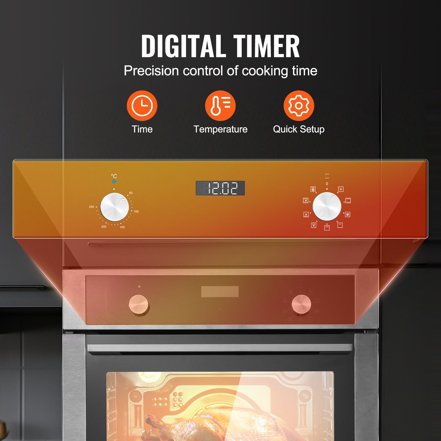 Einbau-Elektrobackofen, 61 cm (24 Zoll) breit, mit 9 Kochfunktionen, 75 Liter (2,68 Kubikfuß) Garraum, schnelles Aufheizen auf 200 °C in 5 Minuten, 3550 W Leistung, inklusive Backrost und Backblech, Küchenausstattung