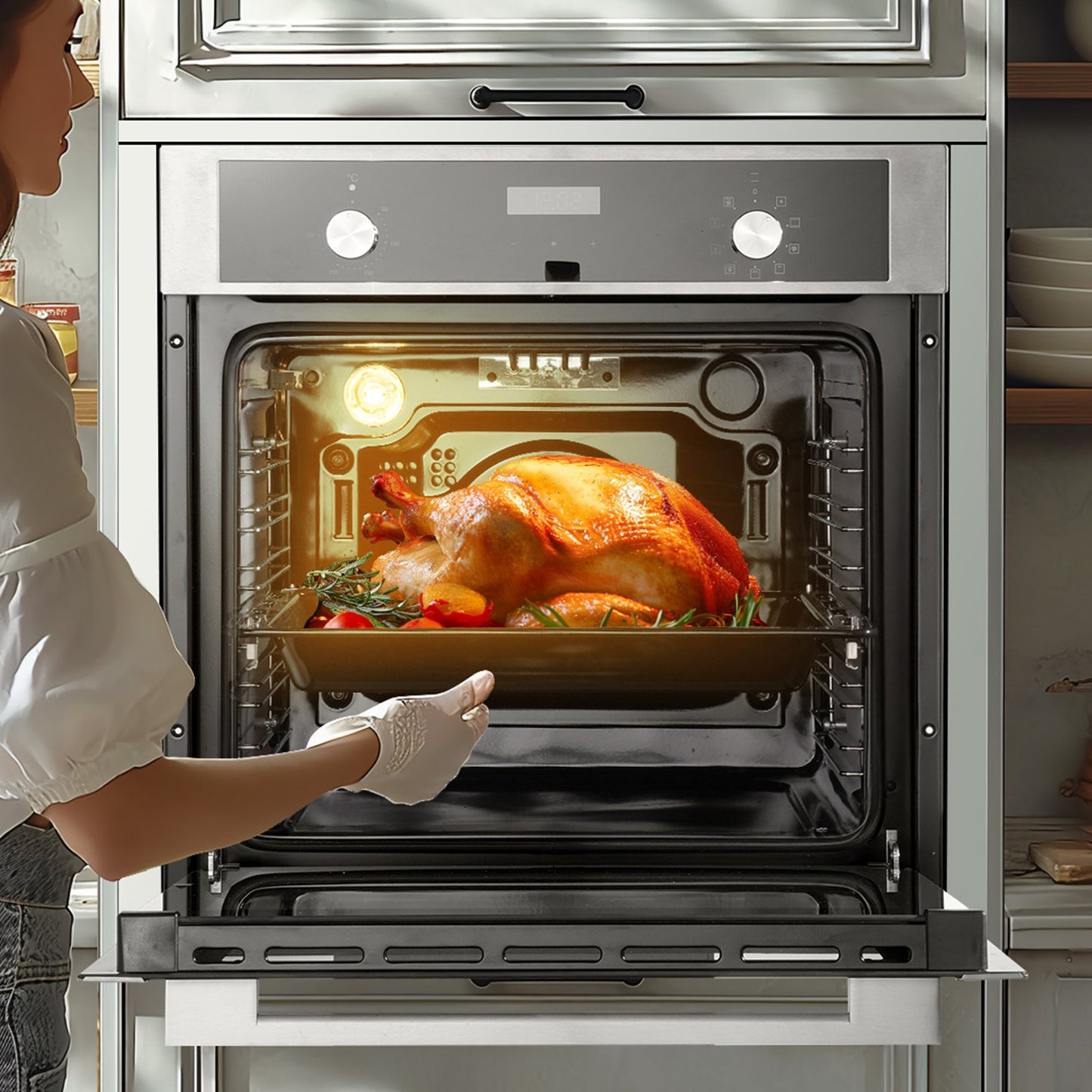 Einbau-Elektrobackofen, 61 cm (24 Zoll) breit, mit 9 Kochfunktionen, 75 Liter (2,68 Kubikfuß) Garraum, schnelles Aufheizen auf 200 °C in 5 Minuten, 3550 W Leistung, inklusive Backrost und Backblech, Küchenausstattung