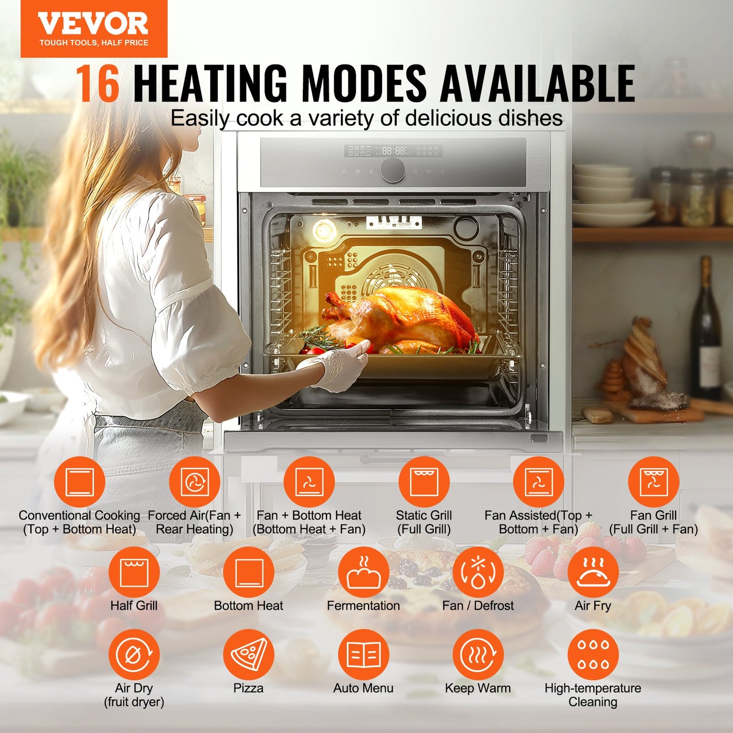 Einbau-Elektrobackofen, 61 cm (24 Zoll) breit, mit 16 Kochfunktionen, 75 Liter (2,68 Kubikfuß) Garraum, schnelles Aufheizen auf 200 °C in 5 Minuten, 3550 W Leistung, inklusive Backrost und Backblech, Küchenausstattung