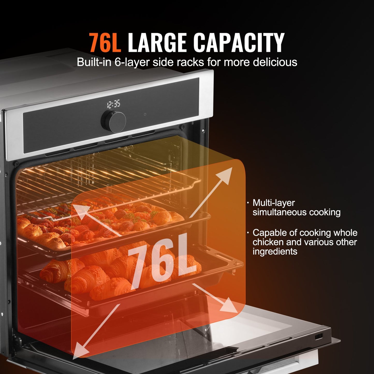 Einbau-Elektrobackofen, 61 cm (24 Zoll) breit, mit 16 Kochfunktionen, 75 Liter (2,68 Kubikfuß) Garraum, schnelles Aufheizen auf 200 °C in 5 Minuten, 3550 W Leistung, inklusive Backrost und Backblech, Küchenausstattung
