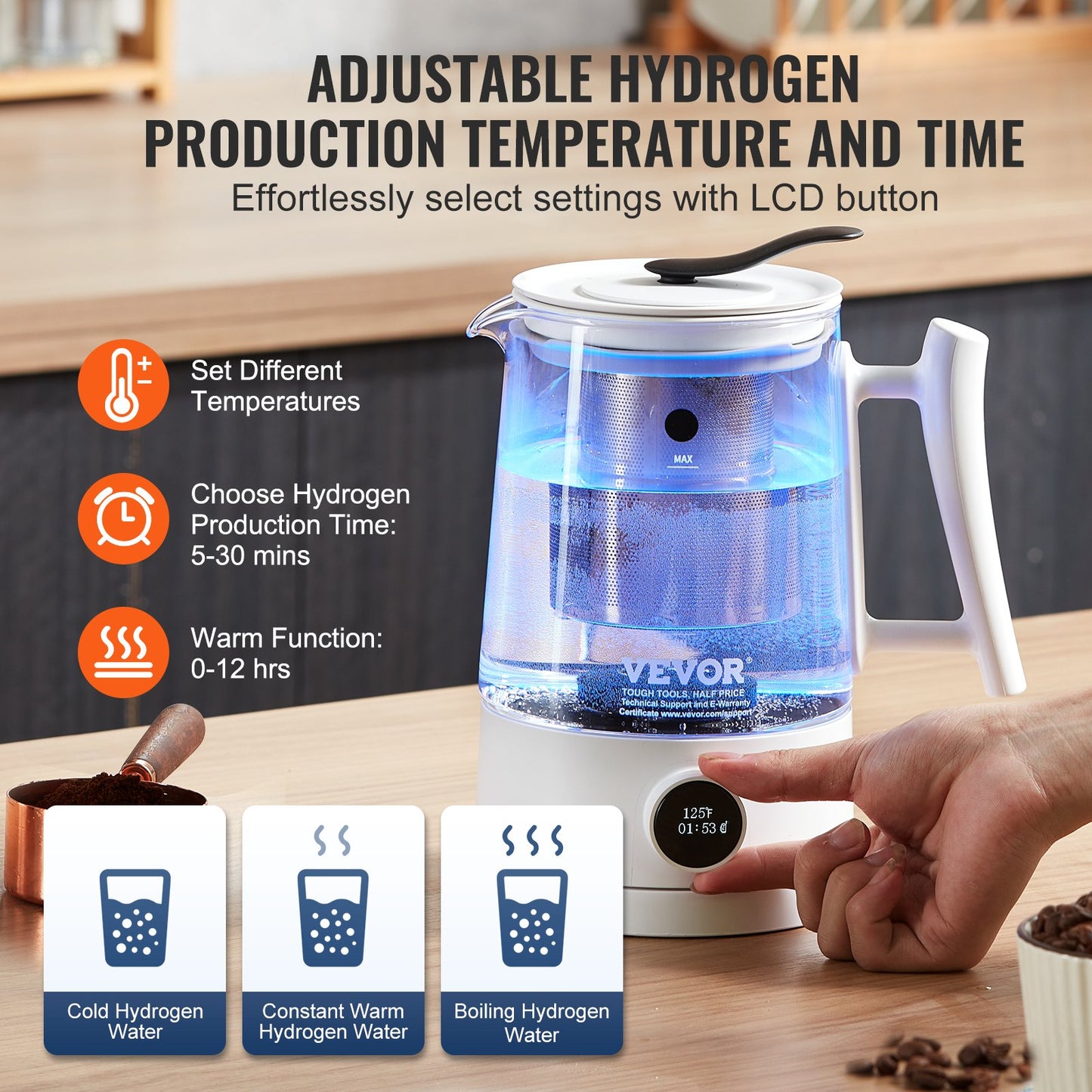 Hydrogen Water Pitcher Generator, 1.5 L / 52.8 oz Large Capacity Hydrogen Generator Water Kettle, SPE and PEM Technology, Hydrogen Rich Water Ionizer Machine for Brewing Coffee or Tea