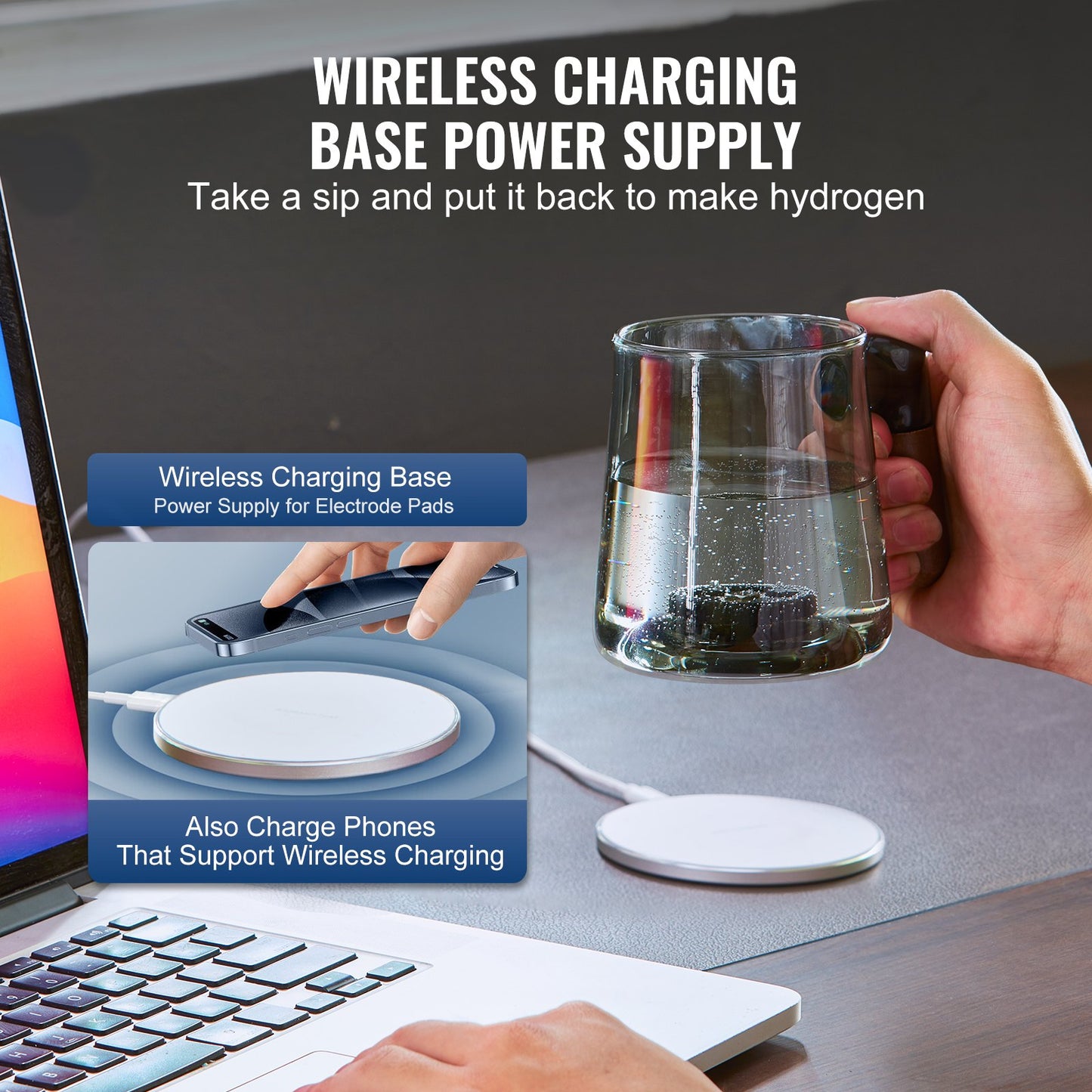 Wasserstoff-Wasserbecher, 400 ml / 14,1 oz Wasserstoffgenerator, tragbares Wasserstoff-Wasserionisationsgerät von SPE Technology mit kabelloser Ladestation, wasserstoffreiche Wasserflasche aus Glas, Gesundheitsbecher
