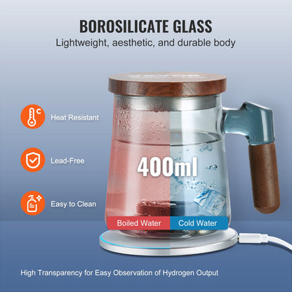 Wasserstoff-Wasserbecher, 400 ml / 14,1 oz Wasserstoffgenerator, tragbares Wasserstoff-Wasserionisationsgerät von SPE Technology mit kabelloser Ladestation, wasserstoffreiche Wasserflasche aus Glas, Gesundheitsbecher