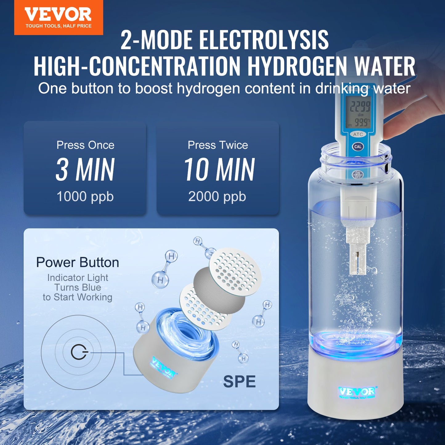 Hydrogen Water Bottle Generator, 380 ml/ 379.9 g Capacity Portable Hydrogen Water Maker, SPE Technology Hydrogen Rich Water Ionizer Machine with Nasal Inhalation Tube and Self-Cleaning