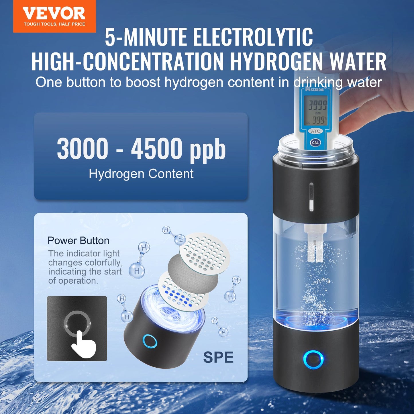 Wasserstoff-Wasserflaschengenerator, 230 ml / 229,6 g Fassungsvermögen, tragbarer Wasserstoff-Wasserstoff-Hersteller, SPE-Technologie, wasserstoffreiches Wasserionisierungsgerät mit Naseninhalationsschlauch und Selbstreinigungsfunktion
