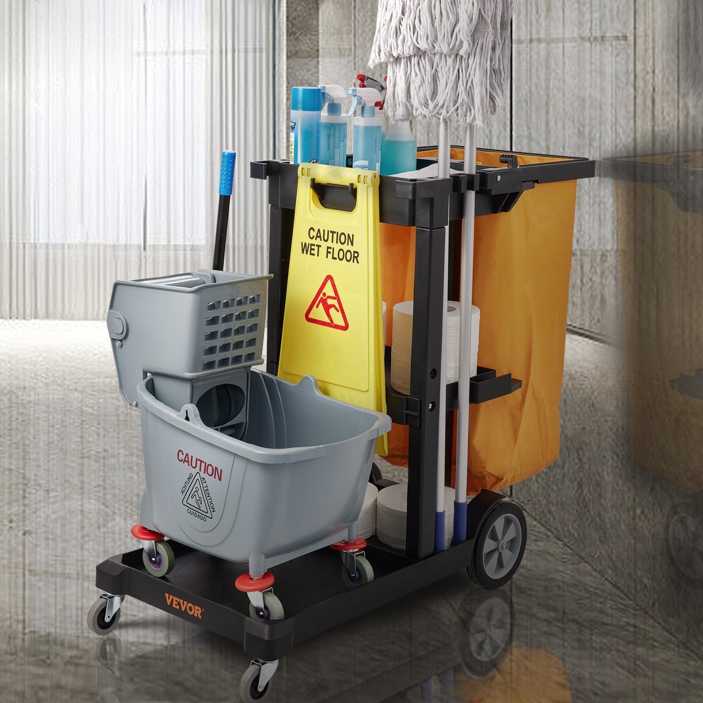 Cleaning Cart, 3-Shelf Commercial Janitorial Cart, 200 lbs Capacity Plastic Housekeeping Cart, with 25 Gallon PVC Bag, 120 x 51 x 98 cm, Yellow+Black