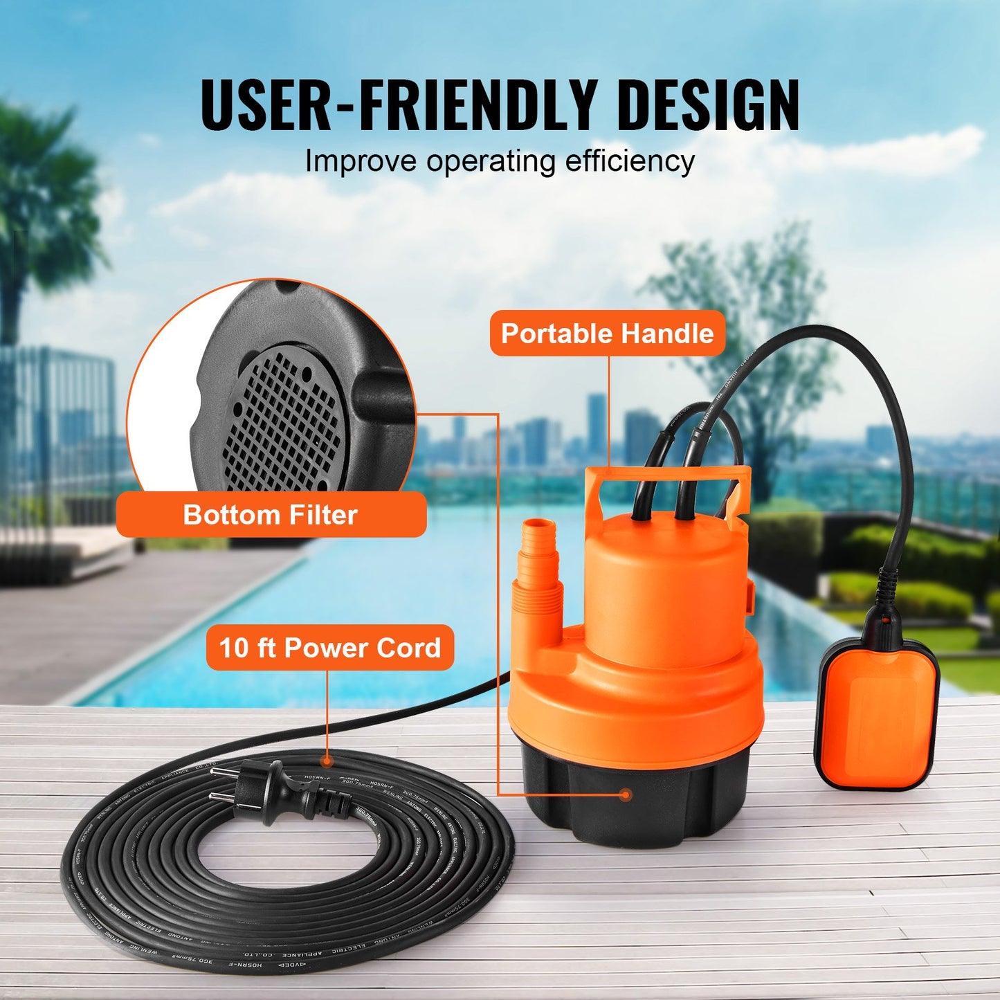 Tauchpumpe, Sumpfpumpe, 320 W, 1585 GPH/6002 LPH, 23 ft/7 m Förderhöhe