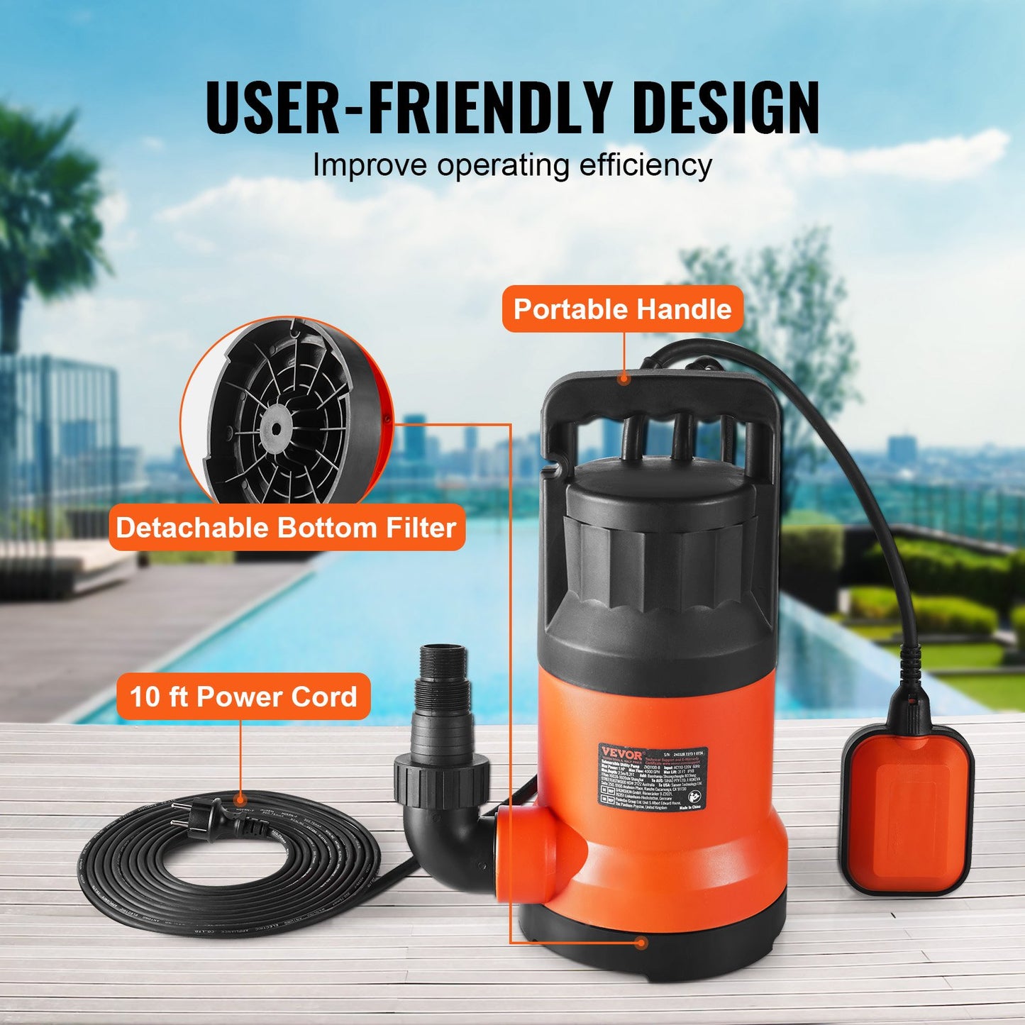 Tauchpumpe, Sumpfpumpe, 400 W, 2510 GPH/9506 LPH, 26 ft/7,9 m Förderhöhe