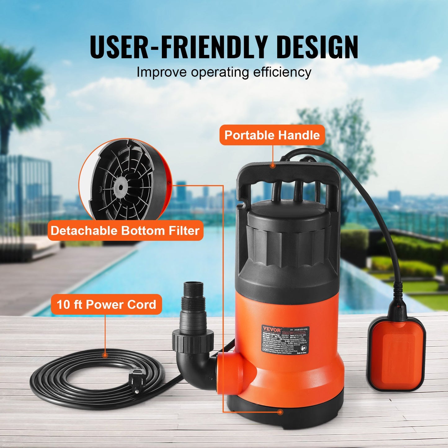 Tauchpumpe, Sumpfpumpe, 700 W, 4148 GPH/15.700 LPH, 33 ft/10 m Förderhöhe