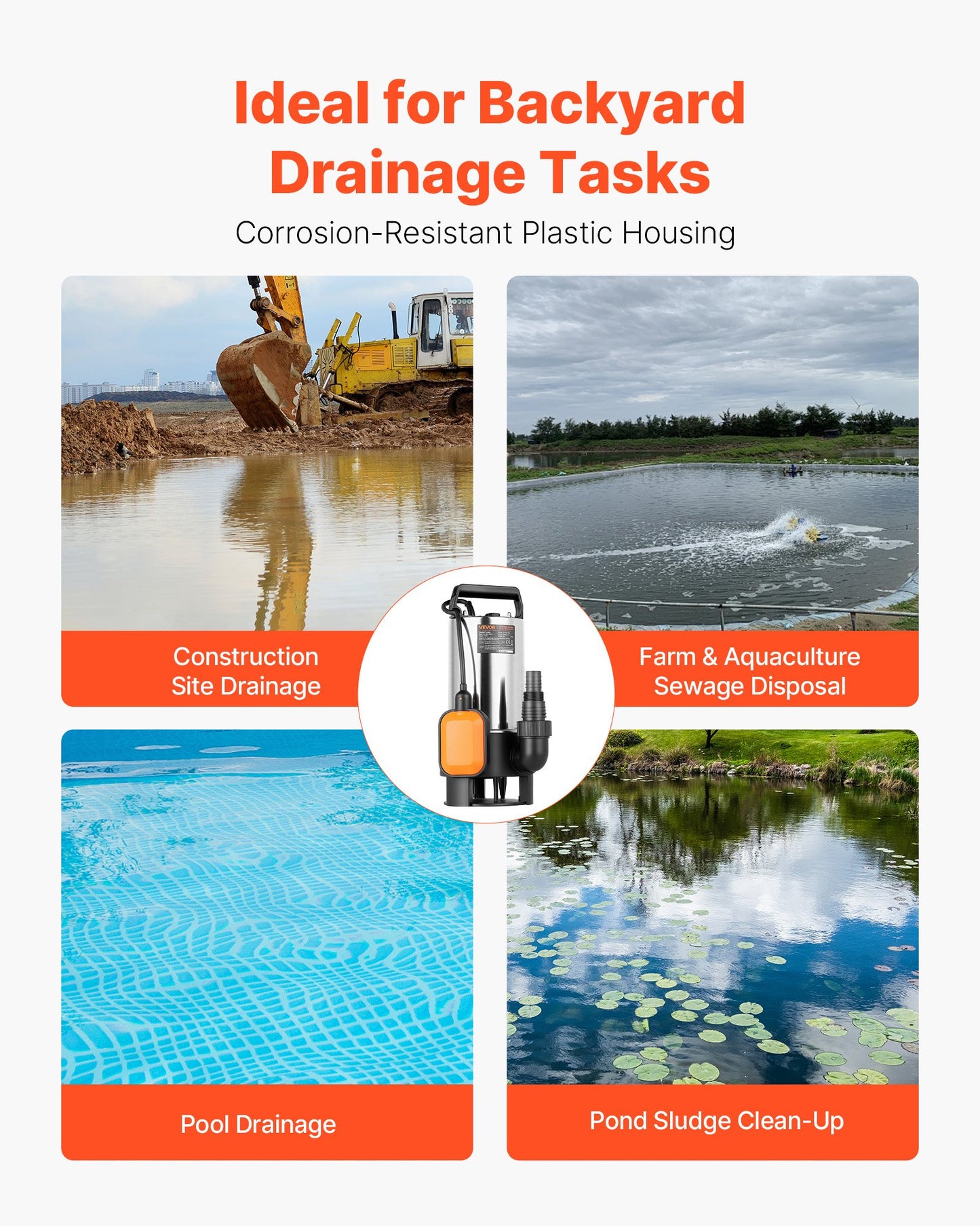 710-W-Tauchpumpe, 20.000 l/h, Edelstahl-Tauchpumpe für Abwasser, Schmutzwasser und Frischwasser mit automatischem Schwimmerschalter, langem Kabel, max. Förderhöhe 9 m, für Pools, Gärten, Teiche und überflutete Bereiche