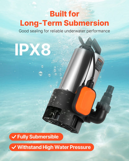 710-W-Tauchpumpe, 20.000 l/h, Edelstahl-Tauchpumpe für Abwasser, Schmutzwasser und Frischwasser mit automatischem Schwimmerschalter, langem Kabel, max. Förderhöhe 9 m, für Pools, Gärten, Teiche und überflutete Bereiche