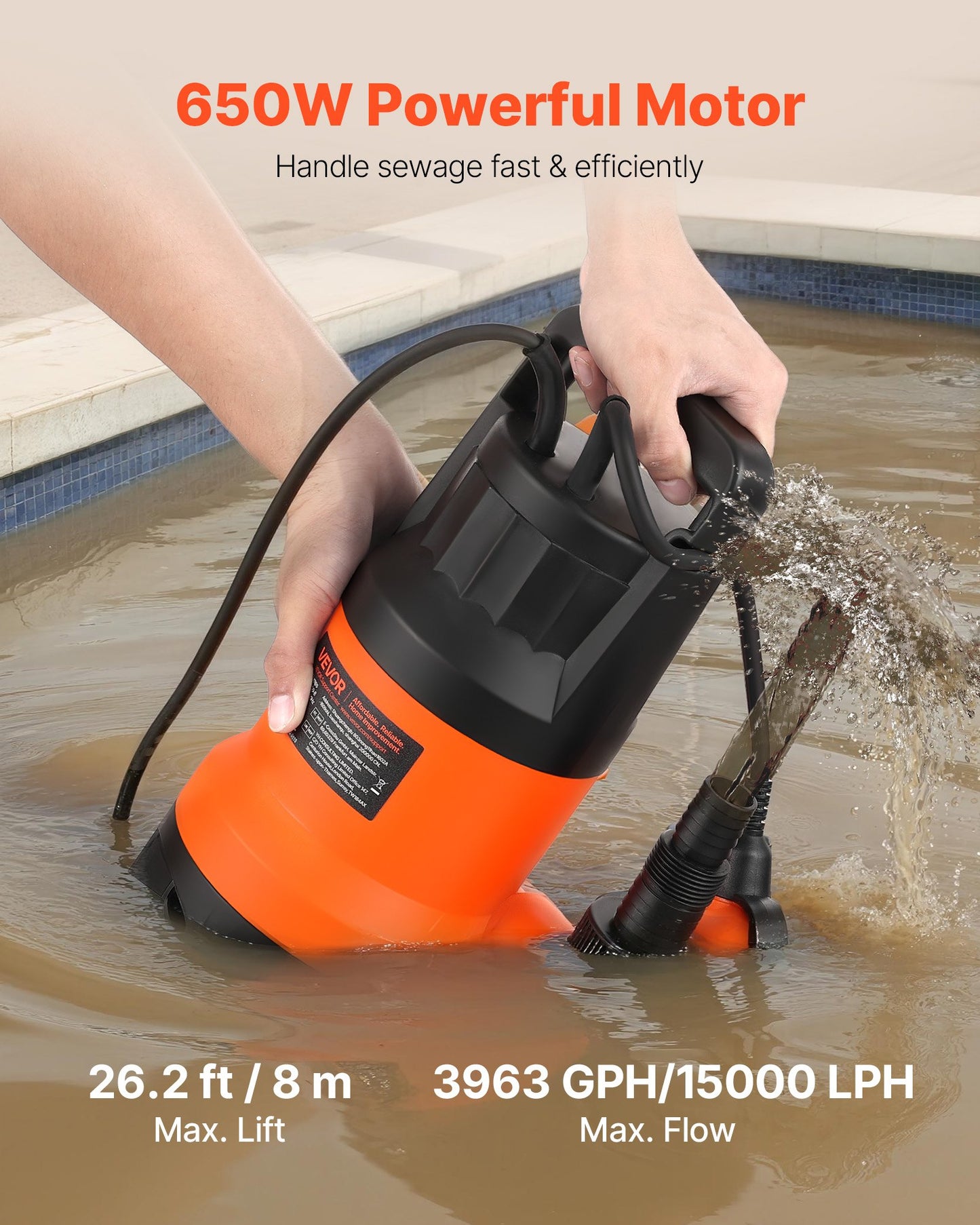 650-W-Tauchpumpe, 15000 l/h, PP-GF20 Tauchpumpe für Abwasser, Schmutzwasser und Frischwasser mit automatischem Schwimmerschalter, langem Kabel, max. Förderhöhe 8 m, für Pools, Gärten, Teiche und überschwemmte Bereiche