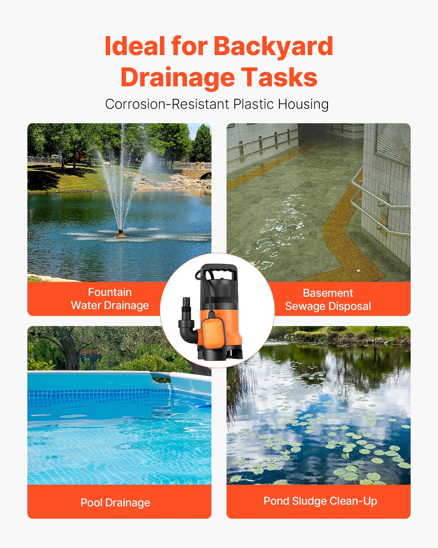 650-W-Tauchpumpe, 15000 l/h, PP-GF20 Tauchpumpe für Abwasser, Schmutzwasser und Frischwasser mit automatischem Schwimmerschalter, langem Kabel, max. Förderhöhe 8 m, für Pools, Gärten, Teiche und überschwemmte Bereiche