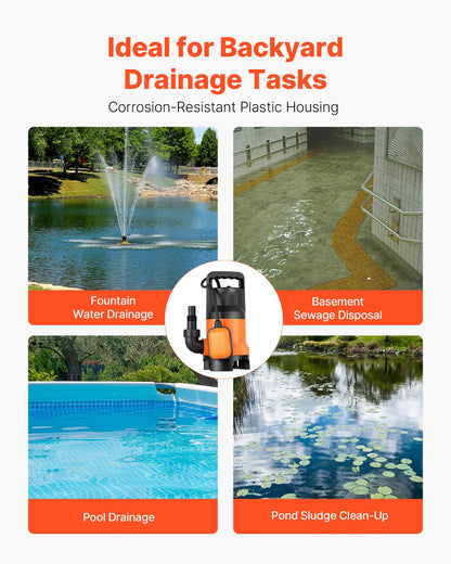 650-W-Tauchpumpe, 15000 l/h, PP-GF20 Tauchpumpe für Abwasser, Schmutzwasser und Frischwasser mit automatischem Schwimmerschalter, langem Kabel, max. Förderhöhe 8 m, für Pools, Gärten, Teiche und überschwemmte Bereiche