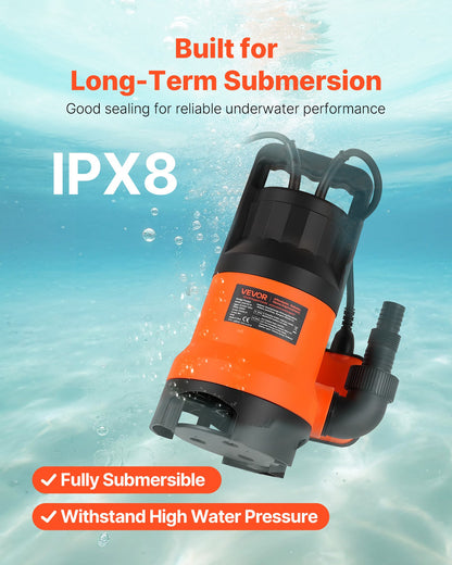 650-W-Tauchpumpe, 15000 l/h, PP-GF20 Tauchpumpe für Abwasser, Schmutzwasser und Frischwasser mit automatischem Schwimmerschalter, langem Kabel, max. Förderhöhe 8 m, für Pools, Gärten, Teiche und überschwemmte Bereiche