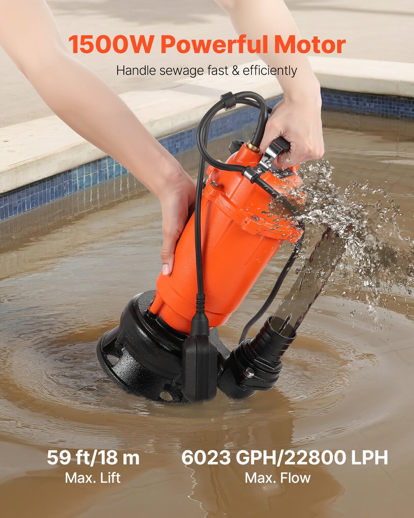 1500-W-Tauchpumpe für Schmutzwasser, 22800 l/h, Tauchpumpe aus Gusseisen mit automatischem Schwimmerschalter, max. Förderhöhe 18 m, zum Abpumpen von Schmutz- und sauberem Wasser, für Pools, Gärten, Teiche und überschwemmte Bereiche