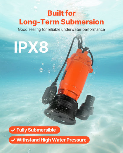 1500-W-Tauchpumpe für Schmutzwasser, 22800 l/h, Tauchpumpe aus Gusseisen mit automatischem Schwimmerschalter, max. Förderhöhe 18 m, zum Abpumpen von Schmutz- und sauberem Wasser, für Pools, Gärten, Teiche und überschwemmte Bereiche