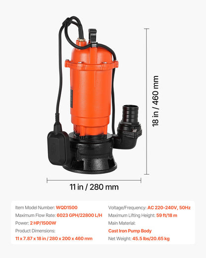 1500-W-Tauchpumpe für Schmutzwasser, 22800 l/h, Tauchpumpe aus Gusseisen mit automatischem Schwimmerschalter, max. Förderhöhe 18 m, zum Abpumpen von Schmutz- und sauberem Wasser, für Pools, Gärten, Teiche und überschwemmte Bereiche
