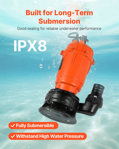 550-W-Tauchpumpe für Schmutzwasser, 18.000 l/h, Tauchpumpe aus Gusseisen für Abwassergruben mit 2-Zoll-Auslass, max. Förderhöhe 10 m, zum Abpumpen von Schmutz- und sauberem Wasser, für Pools, Gärten, Teiche, Keller und überschwemmte Bereiche