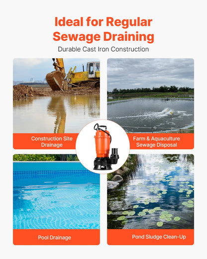 550-W-Tauchpumpe für Schmutzwasser, 18.000 l/h, Tauchpumpe aus Gusseisen für Abwassergruben mit 2-Zoll-Auslass, max. Förderhöhe 10 m, zum Abpumpen von Schmutz- und sauberem Wasser, für Pools, Gärten, Teiche, Keller und überschwemmte Bereiche