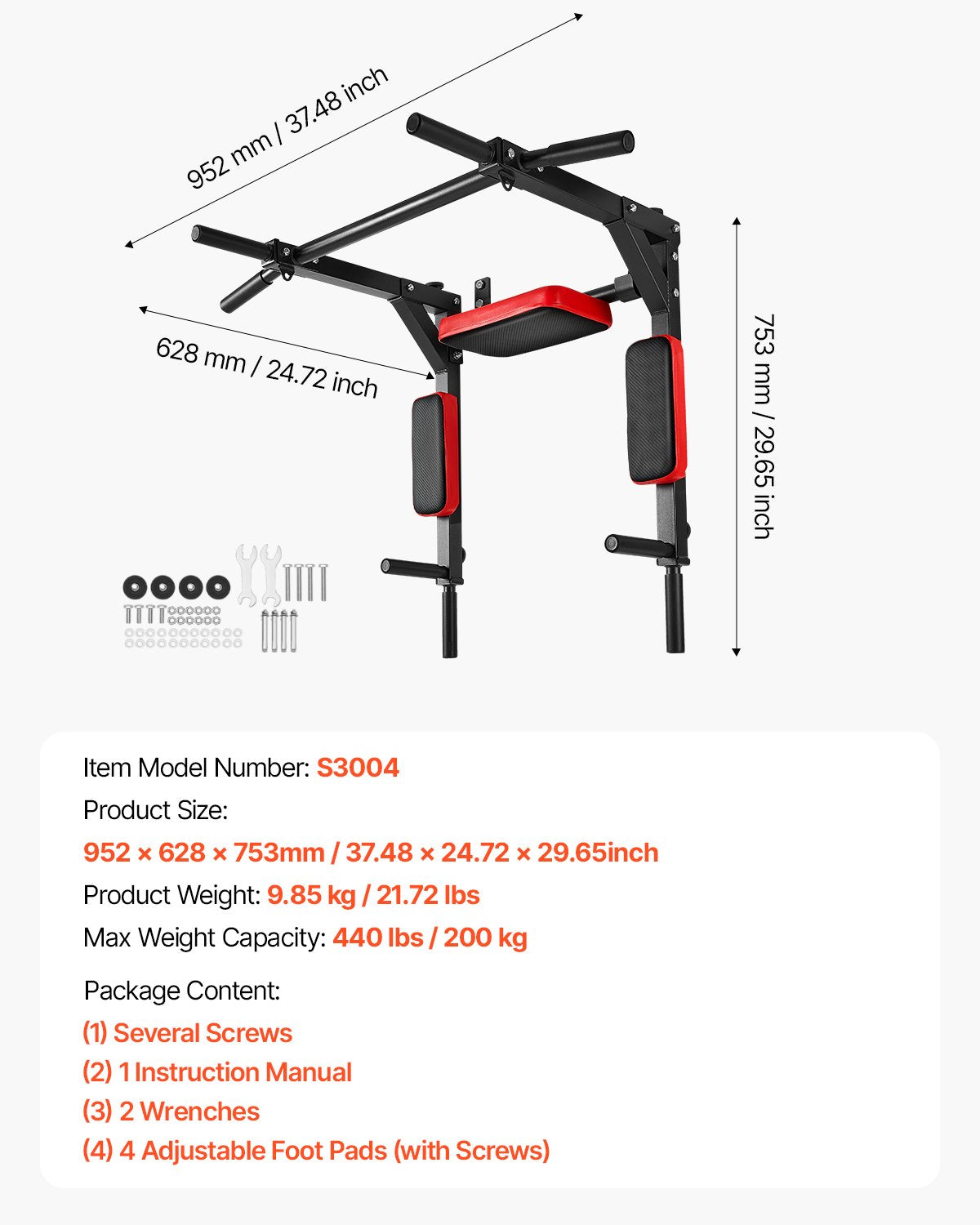 Multifunctional Pull Up Bar, Wall Mounted Chin Up Bar Dip Station for Home Gym, Heavy Duty Steel Upper Body Workout Pull Ups, Power Tower Set Training Equipment Fitness, 440 lbs Weight Capacity