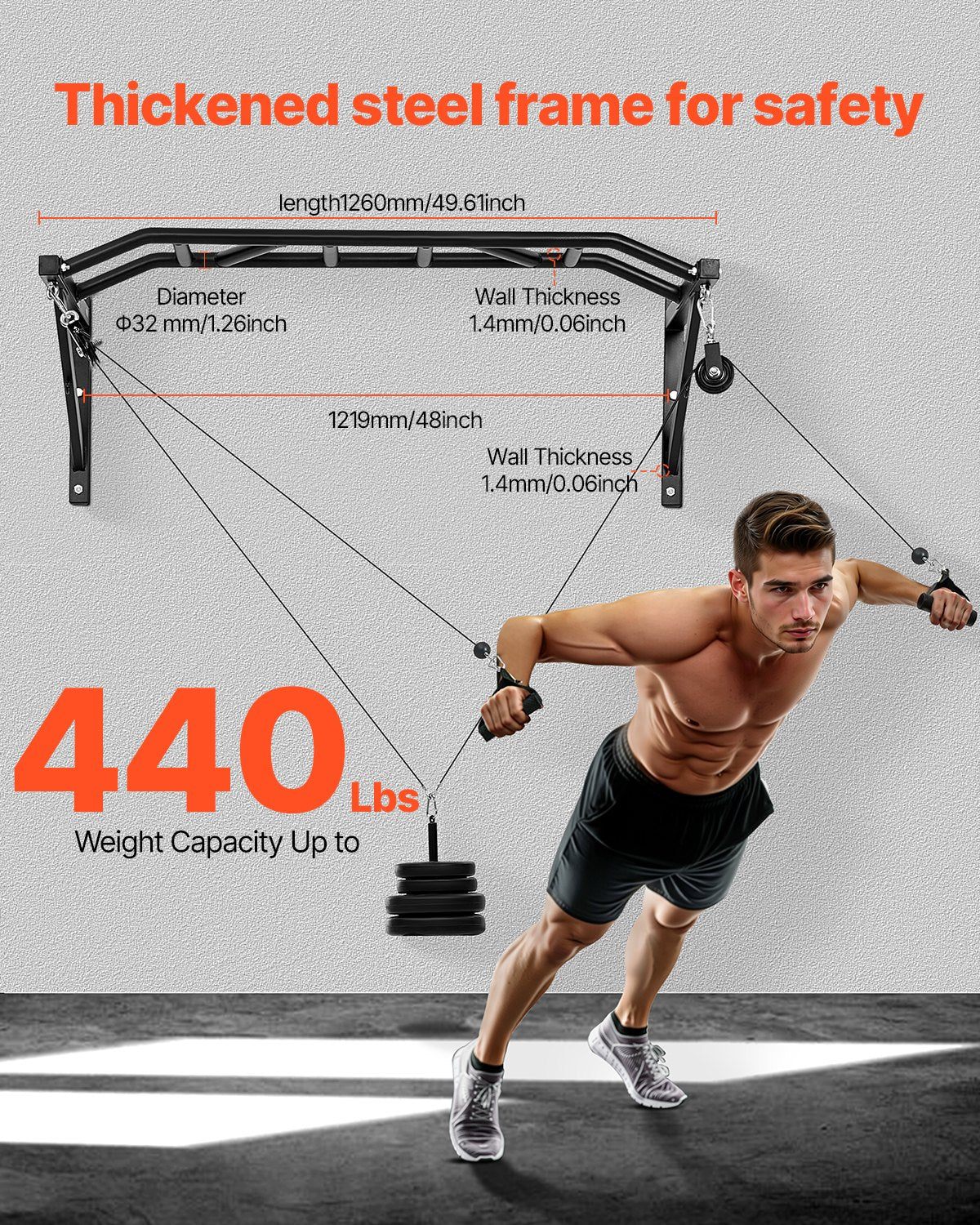 Klimmzugstange, Wandmontage, 127 cm breit, multifunktionale Klimmzugstation, robuste Stahl-Trainingsstange für den Oberkörper mit Latzugaufsätzen, 200 kg Tragkraft, für das Heim-Fitnessstudio