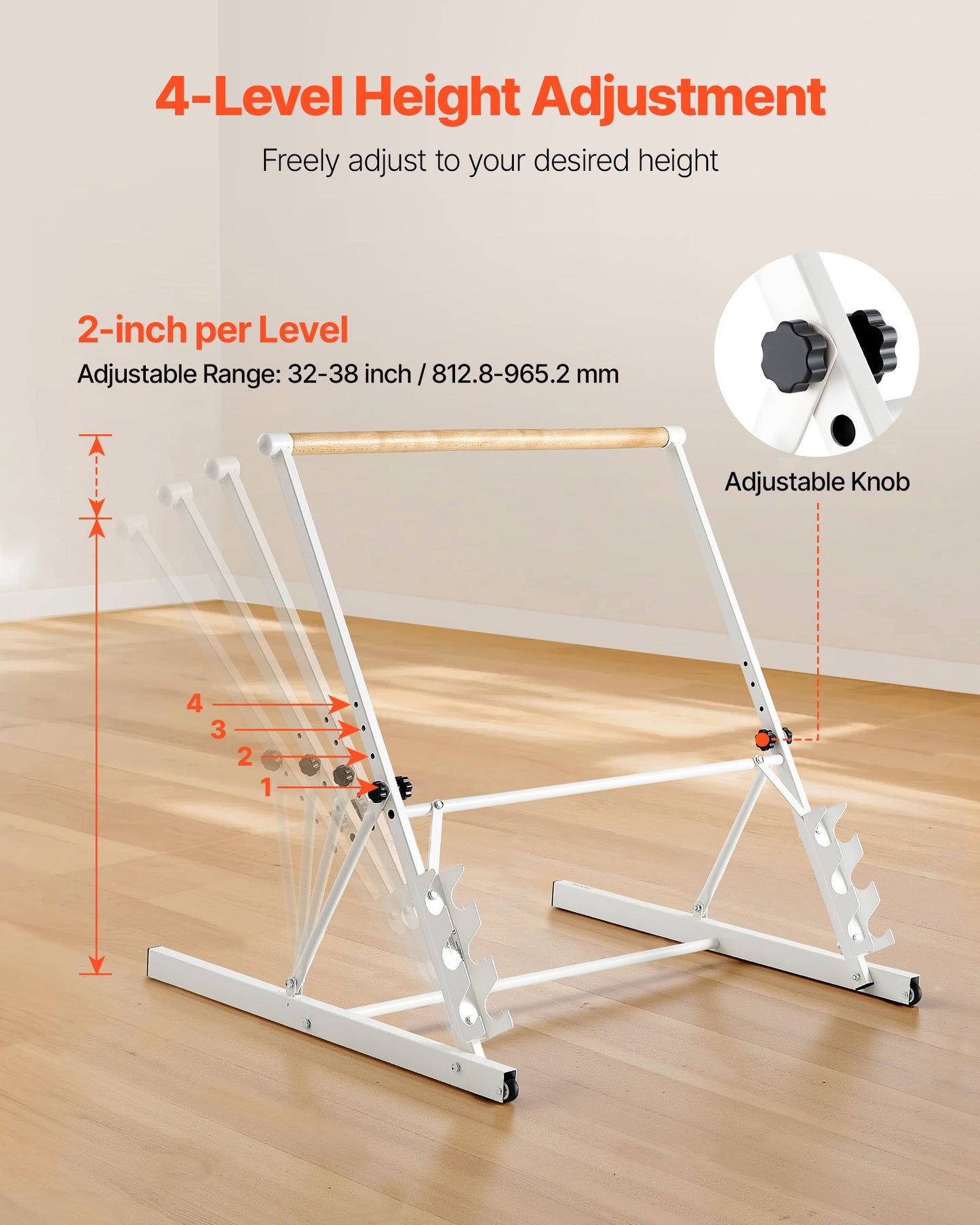 Ballet Barre, Freestanding Portable Barre Bar, Home Fitness Exercise Equipment for Abs, Arms, Strength, and Cardio, Easy to Store Foldable Stretching Dance Bars, 4 Level Height Adjustable