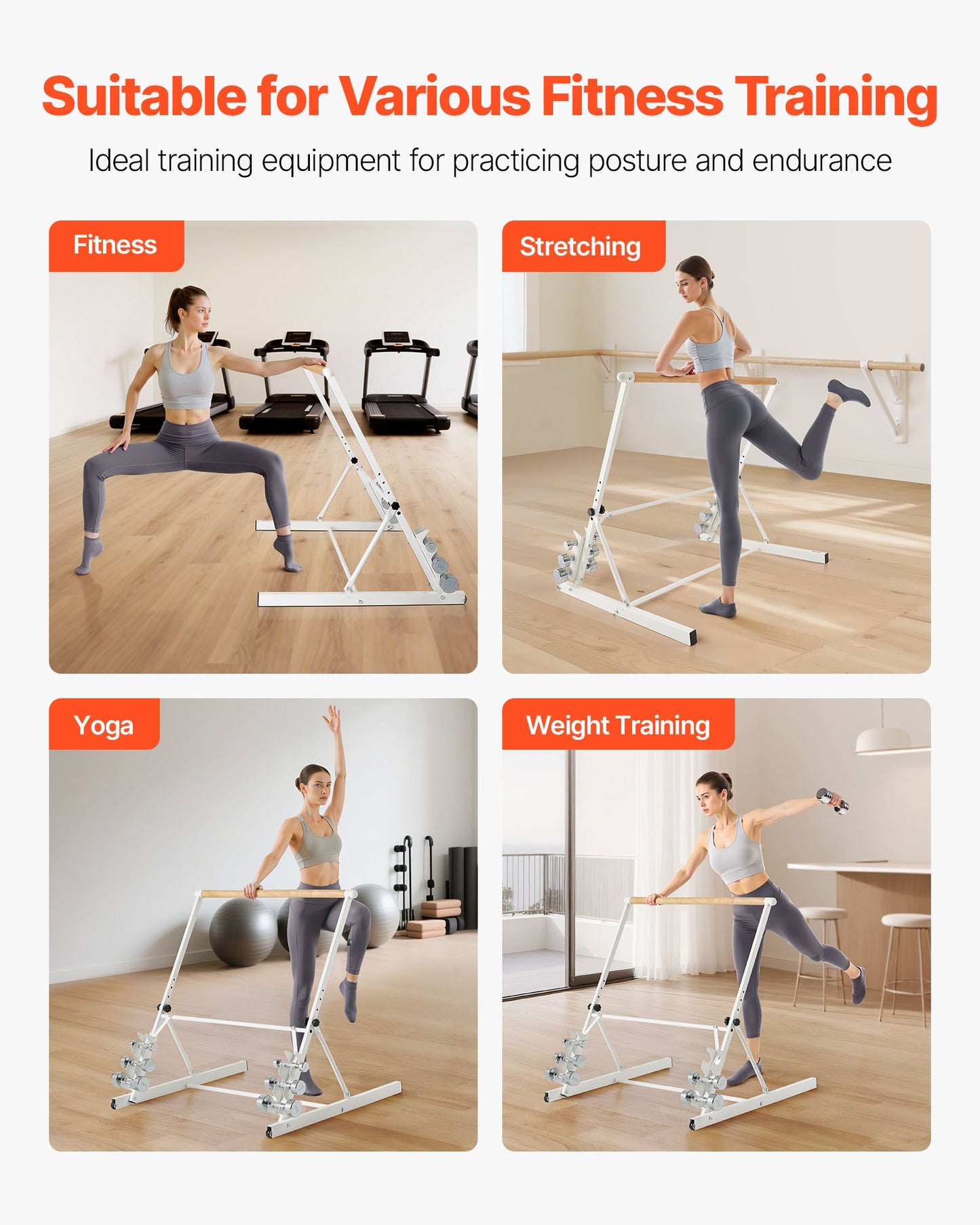 Ballet Barre, Freestanding Portable Barre Bar, Home Fitness Exercise Equipment for Abs, Arms, Strength, and Cardio, Easy to Store Foldable Stretching Dance Bars, 4 Level Height Adjustable