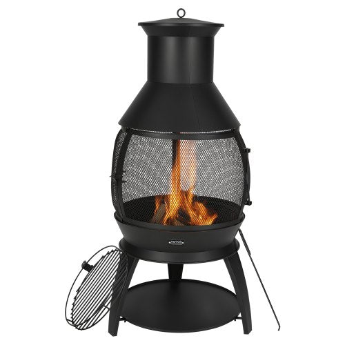 Chiminea, 22 Inch Outdoor Wood Burning Firepit, Iron Spherical Fireplace for BBQ & Warming, Wooden Fire Pit with Grill Mesh, Chimney Coat & Rustproof Chiminea Lid, for Patio, Garden, Backyard