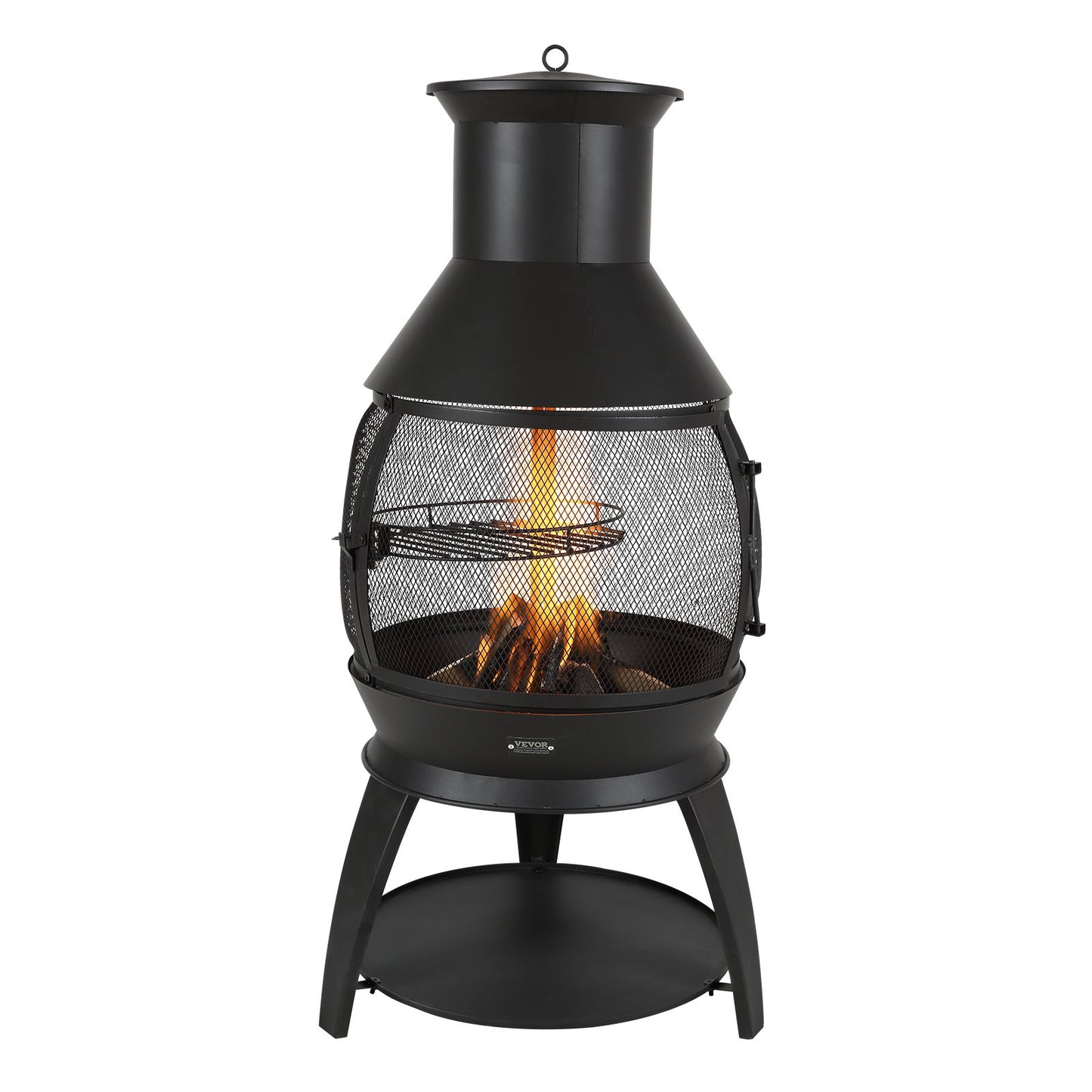 Chiminea, 22 Inch Outdoor Wood Burning Firepit, Iron Spherical Fireplace for BBQ & Warming, Wooden Fire Pit with Grill Mesh, Chimney Coat & Rustproof Chiminea Lid, for Patio, Garden, Backyard