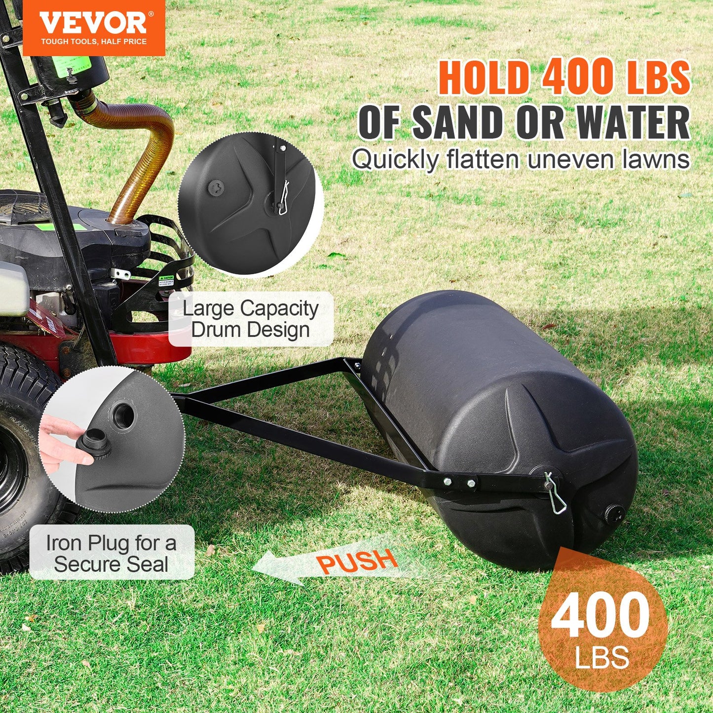 Tow Behind Lawn Roller, 400lbs Sand/Water Filled Yard Roller, LLDPE Drum and Steel Frame Sod Roller with Easy-turn Plug, Tow Behind a Tractor or ATV for Lawn, Garden, Farm, Park, Black