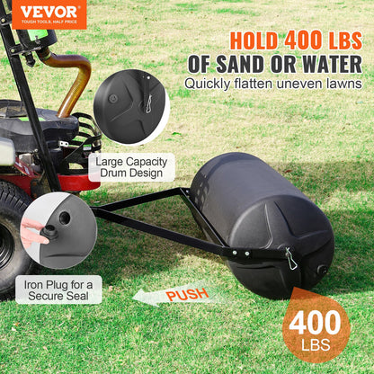 Tow Behind Lawn Roller, 400lbs Sand/Water Filled Yard Roller, LLDPE Drum and Steel Frame Sod Roller with Easy-turn Plug, Tow Behind a Tractor or ATV for Lawn, Garden, Farm, Park, Black
