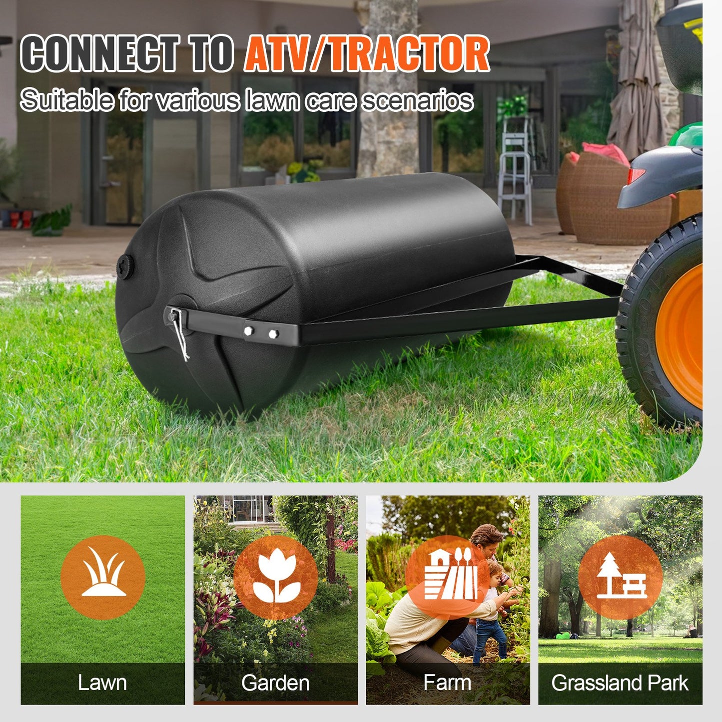 Tow Behind Lawn Roller, 400lbs Sand/Water Filled Yard Roller, LLDPE Drum and Steel Frame Sod Roller with Easy-turn Plug, Tow Behind a Tractor or ATV for Lawn, Garden, Farm, Park, Black