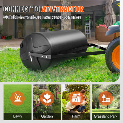 Tow Behind Lawn Roller, 400lbs Sand/Water Filled Yard Roller, LLDPE Drum and Steel Frame Sod Roller with Easy-turn Plug, Tow Behind a Tractor or ATV for Lawn, Garden, Farm, Park, Black