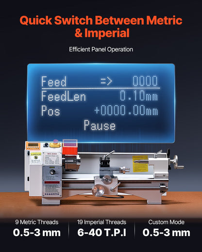 Metalldrehmaschine, 220 x 450 mm (8,7 x 18 Zoll), Präzisions-Tischdrehmaschine mit automatischem Vorschub, variabler Drehzahl von 0–2500 U/min, 1250-W-Bürstenlosmotor, für die Bearbeitung von Präzisionsteilen aus Weichmetallen, Holz und Kunststoffen