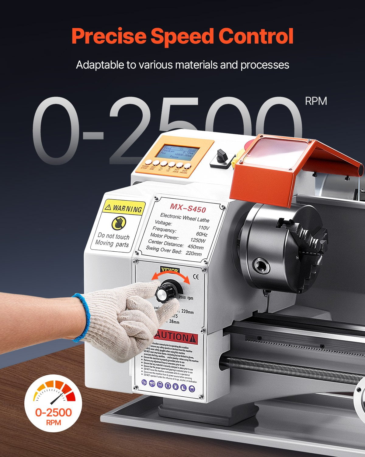 Metalldrehmaschine, 220 x 450 mm (8,7 x 18 Zoll), Präzisions-Tischdrehmaschine mit automatischem Vorschub, variabler Drehzahl von 0–2500 U/min, 1250-W-Bürstenlosmotor, für die Bearbeitung von Präzisionsteilen aus Weichmetallen, Holz und Kunststoffen