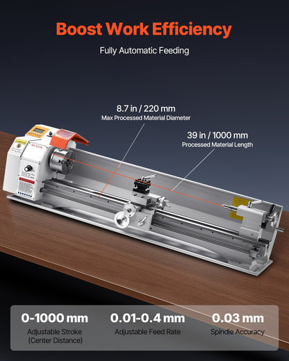 Metalldrehmaschine, 220 x 1000 mm (8,7 x 39 Zoll), Präzisions-Tischdrehmaschine mit automatischem Vorschub, variabler Drehzahl von 0–2500 U/min, 1250-W-Bürstenlosmotor, für die Bearbeitung von Präzisionsteilen aus Weichmetallen, Holz und Kunststoffen
