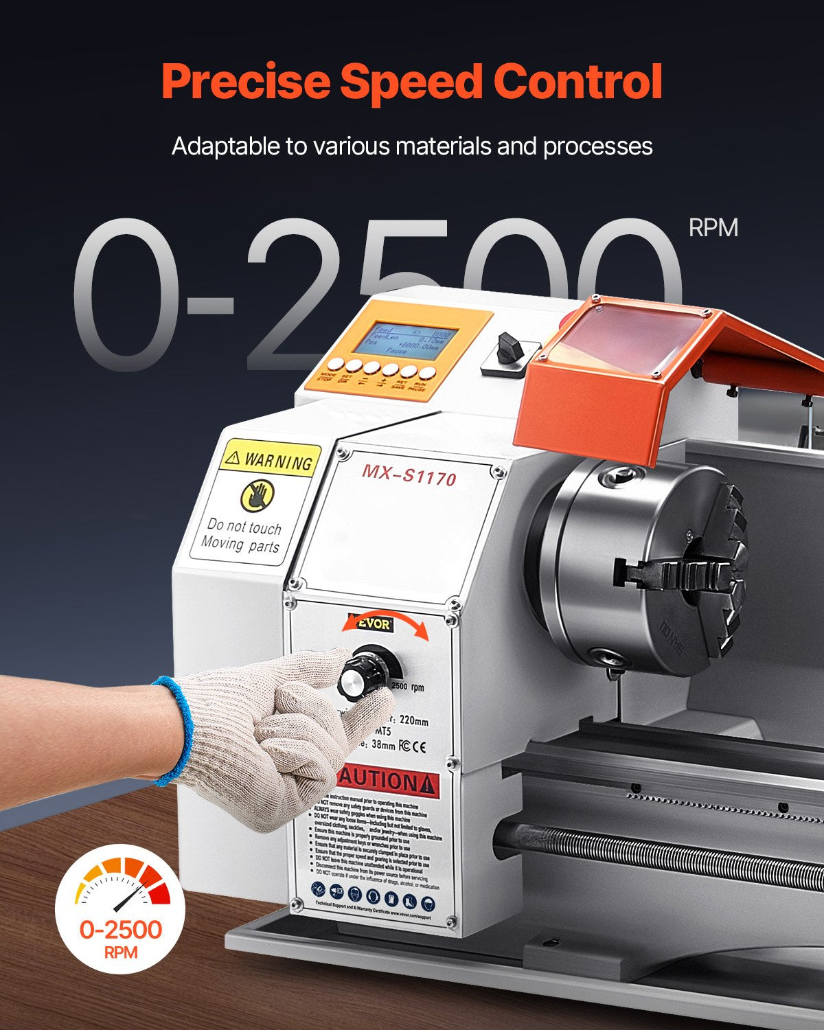 Metalldrehmaschine, 220 x 1000 mm (8,7 x 39 Zoll), Präzisions-Tischdrehmaschine mit automatischem Vorschub, variabler Drehzahl von 0–2500 U/min, 1250-W-Bürstenlosmotor, für die Bearbeitung von Präzisionsteilen aus Weichmetallen, Holz und Kunststoffen