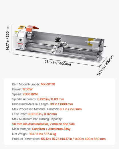 Metalldrehmaschine, 220 x 1000 mm (8,7 x 39 Zoll), Präzisions-Tischdrehmaschine mit automatischem Vorschub, variabler Drehzahl von 0–2500 U/min, 1250-W-Bürstenlosmotor, für die Bearbeitung von Präzisionsteilen aus Weichmetallen, Holz und Kunststoffen